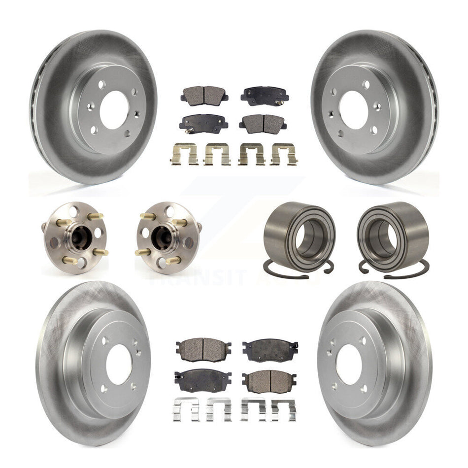 Front Rear Wheel Hub Bearings Assembly Coated Disc Brake Rotors And Ceramic Pads Kit (10Pc) For 2011 Hyundai Accent Non-ABS KBB-108405