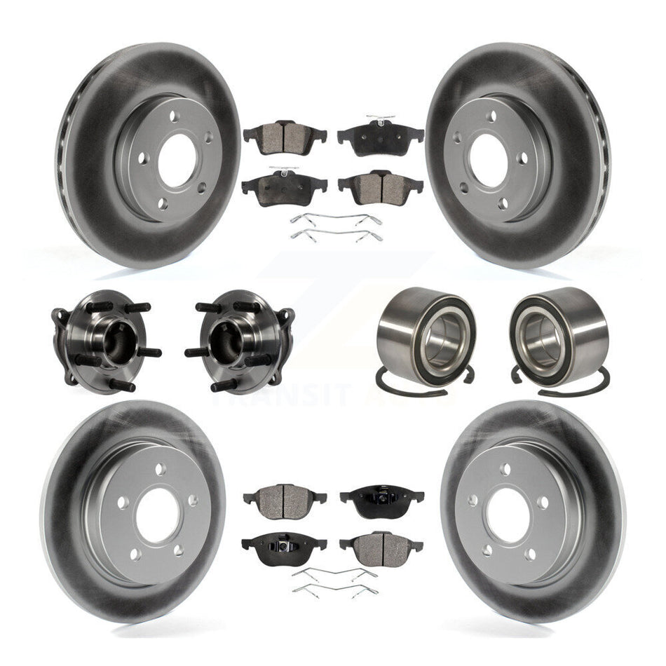 Front Rear Wheel Hub Bearings Assembly Coated Disc Brake Rotors And Ceramic Pads Kit (10Pc) For Ford Focus Without Active Park Assist KBB-108544