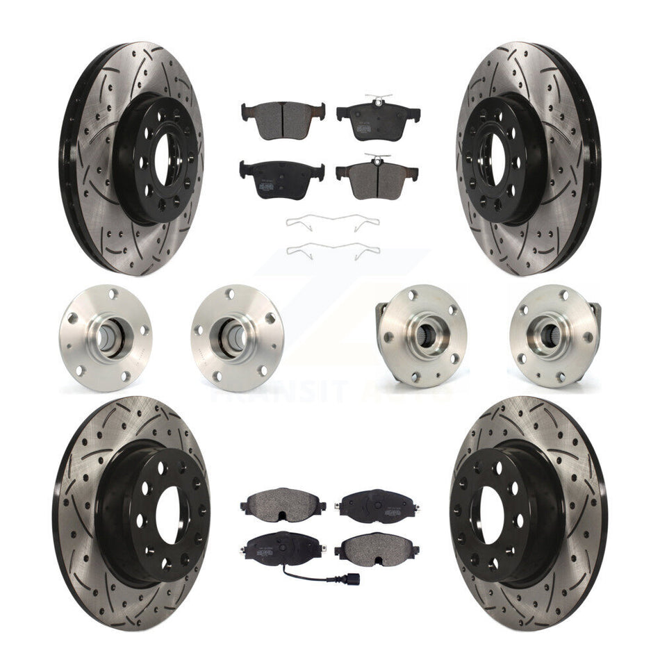 Front Rear Hub Bearings Assembly Coated Disc Brake Rotors And Semi-Metallic Pads Kit (10Pc) For 2015-2019 Volkswagen e-Golf KBB-110786