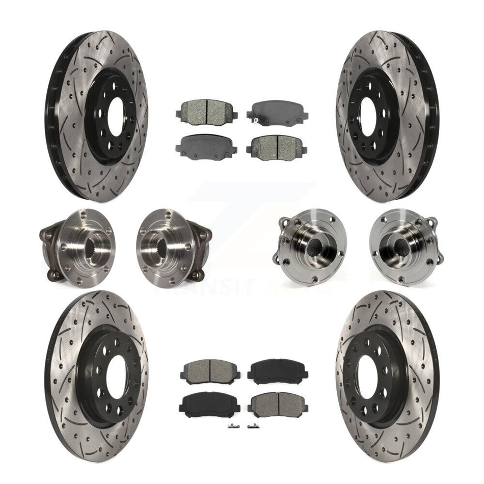 Front Rear Hub Bearings Assembly Coated Disc Brake Rotors And Semi-Metallic Pads Kit (10Pc) For 2015-2017 Chrysler 200 AWD With 305mm Diameter Rotor KBB-111078