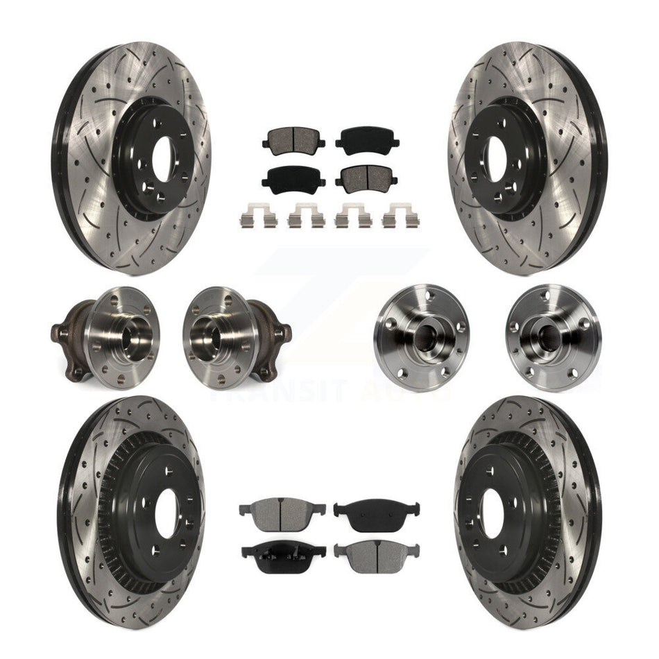 Front Rear Hub Bearings Assembly Coated Disc Brake Rotors And Semi-Metallic Pads Kit (10Pc) For 2010-2015 Volvo XC60 AWD KBB-111086