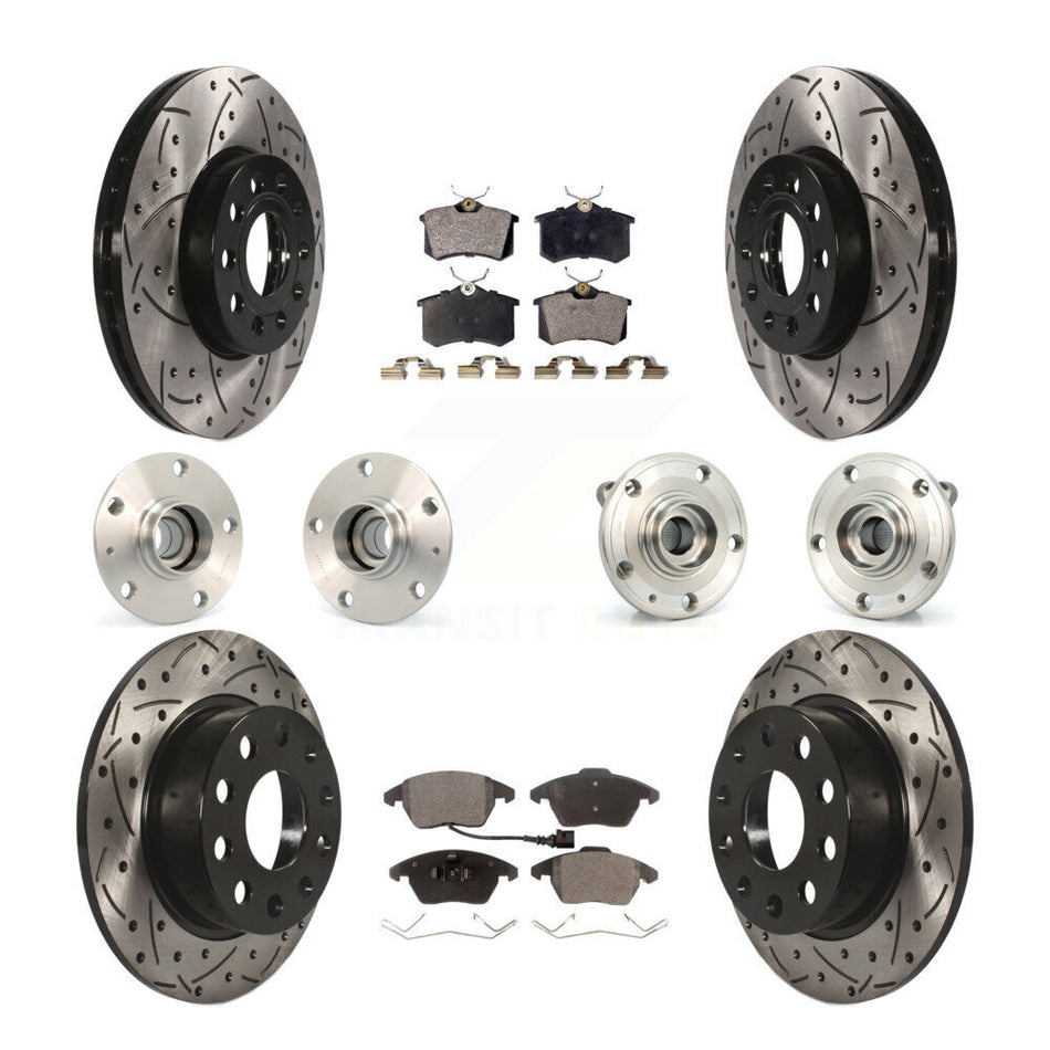 Front Rear Hub Bearings Assembly Coated Disc Brake Rotors And Ceramic Pads Kit (10Pc) For 2014 Volkswagen Beetle Base Highline Comfortline with 2.5L With 253mm Diameter Rotor KBB-111220