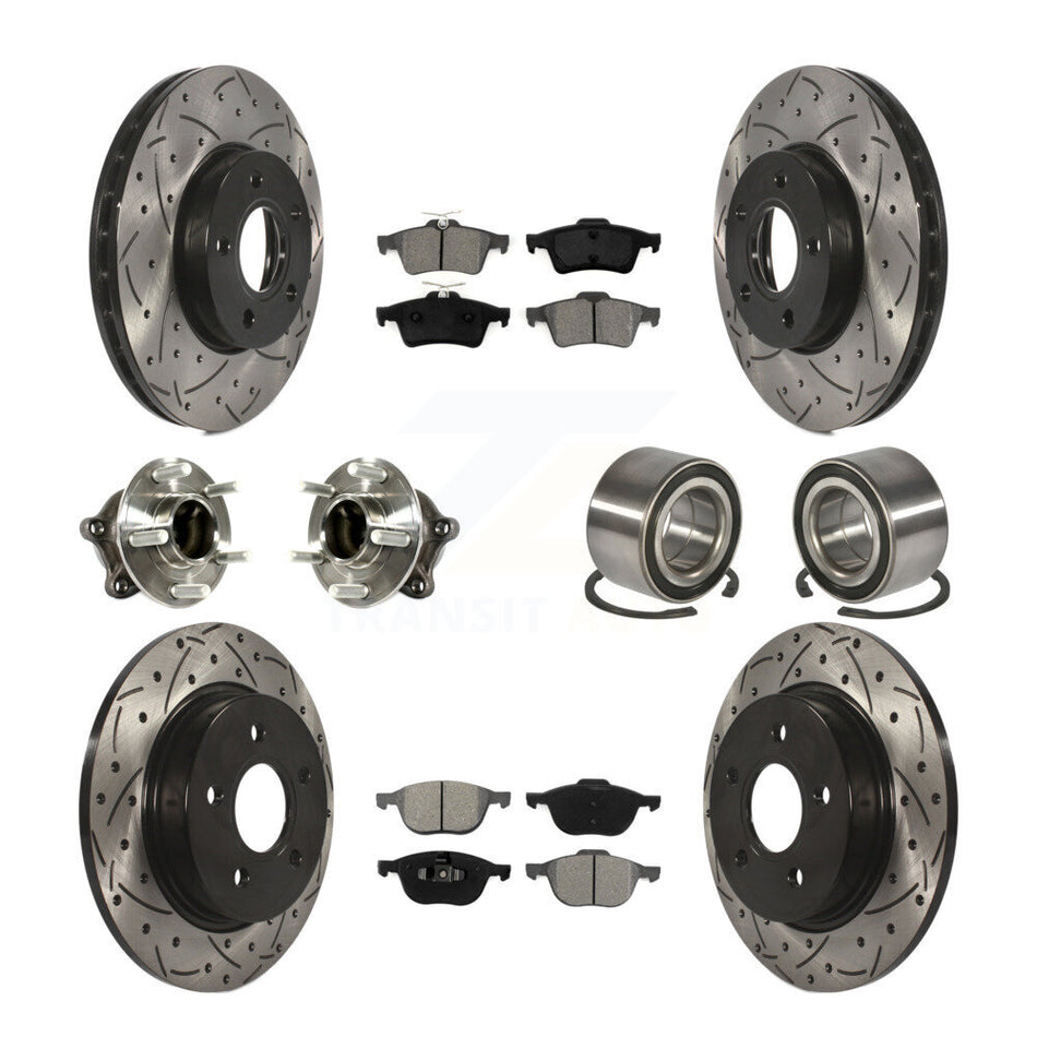 Front Rear Wheel Hub Bearings Assembly Coated Disc Brake Rotors And Semi-Metallic Pads Kit (10Pc) For Ford Focus With Parking Assist KBB-113184