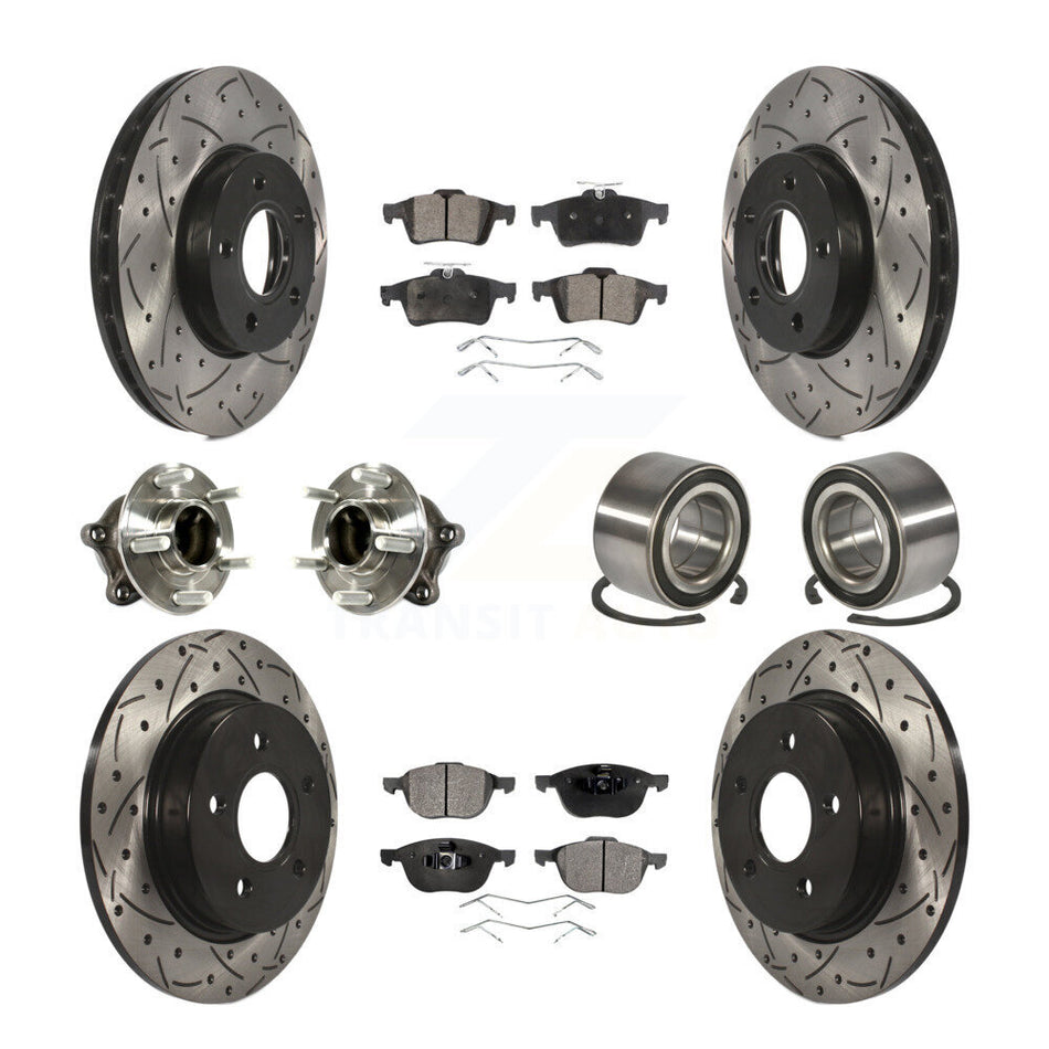 Front Rear Wheel Hub Bearings Assembly Coated Disc Brake Rotors And Ceramic Pads Kit (10Pc) For Ford Focus With Parking Assist KBB-113193