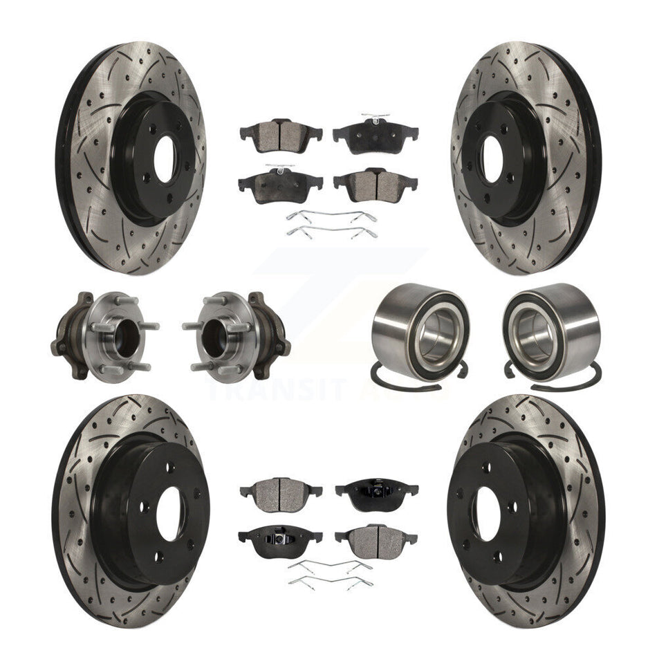 Front Rear Wheel Hub Bearings Assembly Coated Disc Brake Rotors And Ceramic Pads Kit (10Pc) For 2014 Ford Connect 104.8" wheel base KBB-113198