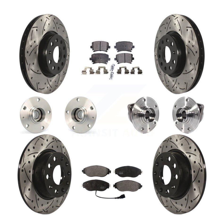 Front Rear Hub Bearings Assembly Coated Disc Brake Rotors And Semi-Metallic Pads Kit (10Pc) For 2015 Volkswagen GTI With Performance Package KBB-113504