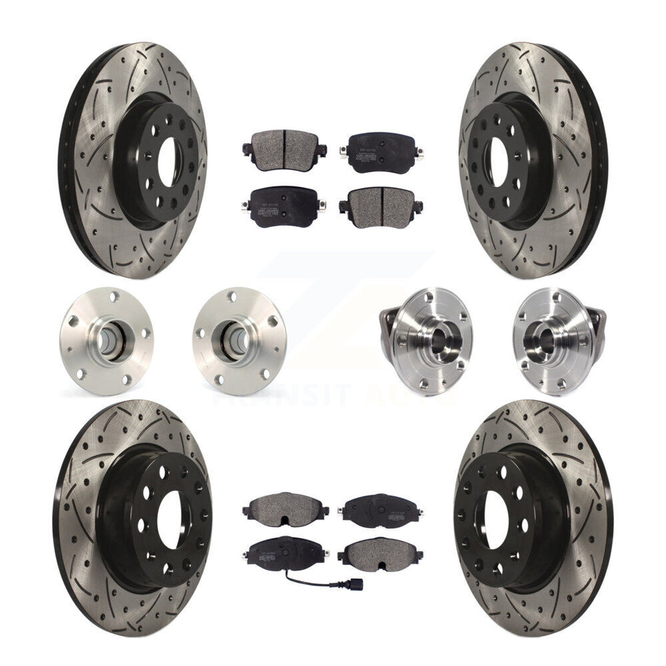 Front Rear Hub Bearings Assembly Coated Disc Brake Rotors And Semi-Metallic Pads Kit (10Pc) For 2015-2018 Volkswagen GTI Without Performance Package KBB-113506