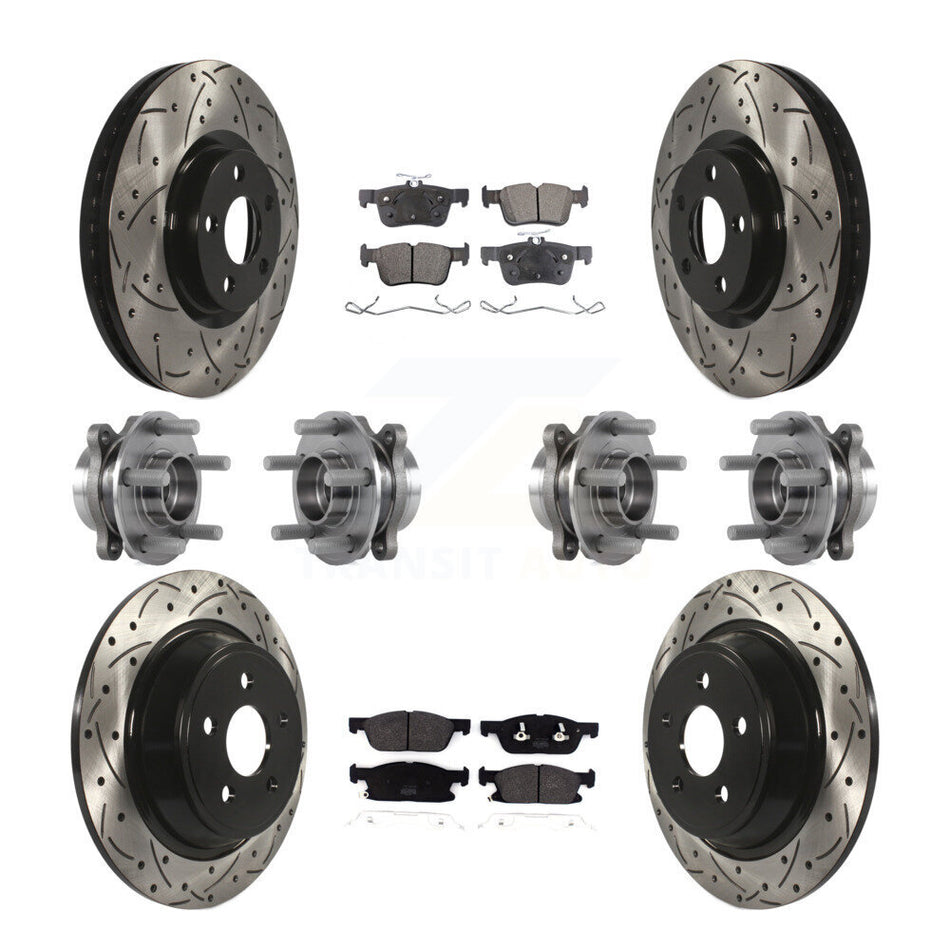 Front Rear Hub Bearings Assembly Coated Disc Brake Rotors And Semi-Metallic Pads Kit (10Pc) For 2018 Lincoln Continental AWD With 316mm Diameter Rotor KBB-113541