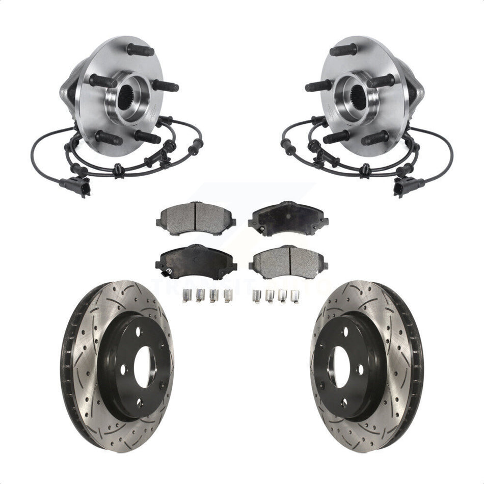 Front Hub Bearing Assembly Coated Drilled Slotted Brake Rotor & Pad Kit For Jeep Wrangler KBB-113550