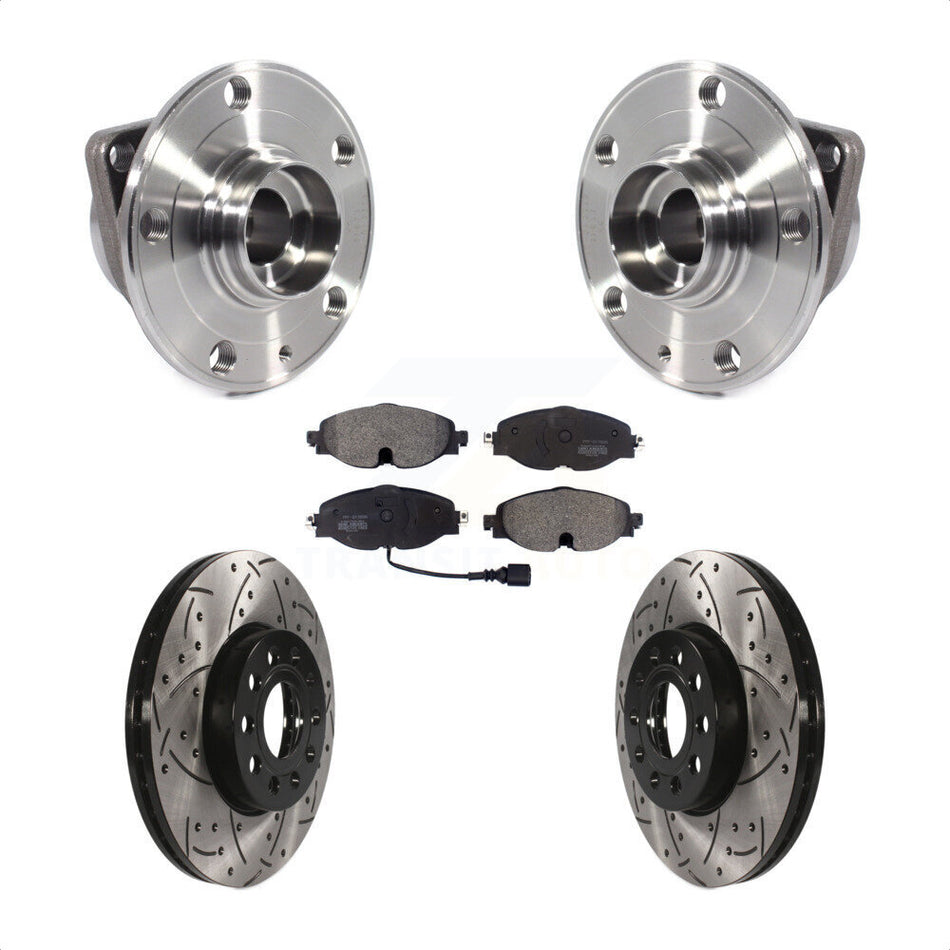 Front Hub Bearing Assembly With Coated Drilled Slotted Disc Brake Rotors And Semi-Metallic Pads Kit For Volkswagen Jetta Golf SportWagen Audi A3 KBB-113553