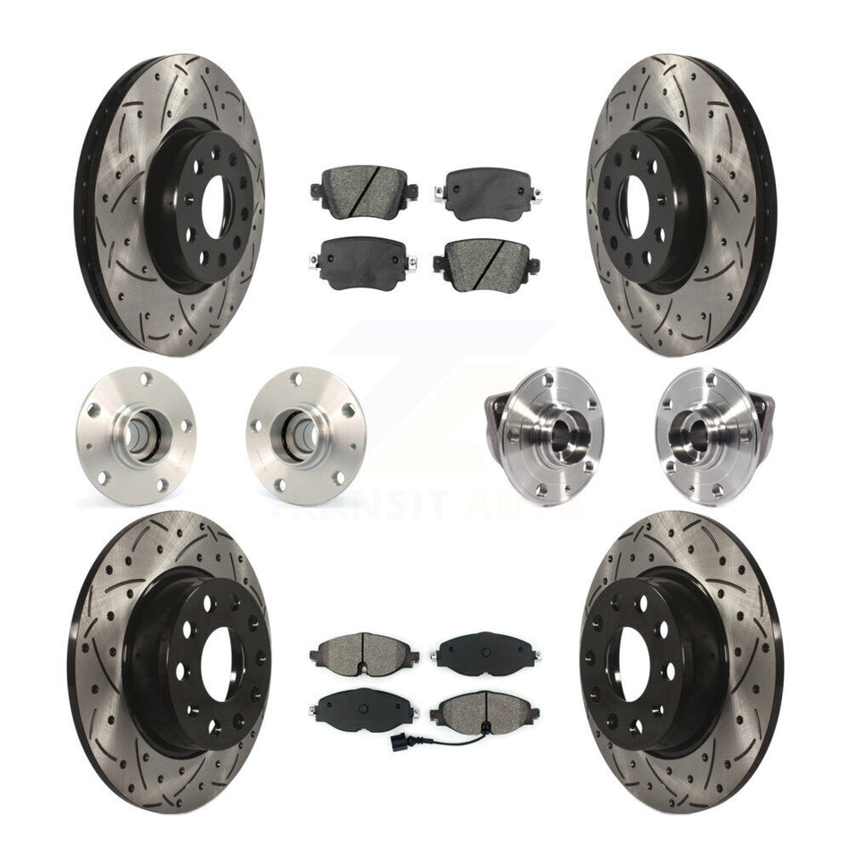 Front Rear Hub Bearings Assembly Coated Disc Brake Rotors And Semi-Metallic Pads Kit (10Pc) For 2015-2018 Volkswagen GTI Without Performance Package KBB-113576