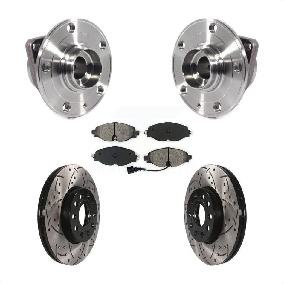 Front Hub Bearing Assembly With Coated Drilled Slotted Disc Brake Rotors And Semi-Metallic Pads Kit For Volkswagen Jetta Golf SportWagen Audi A3 KBB-113612