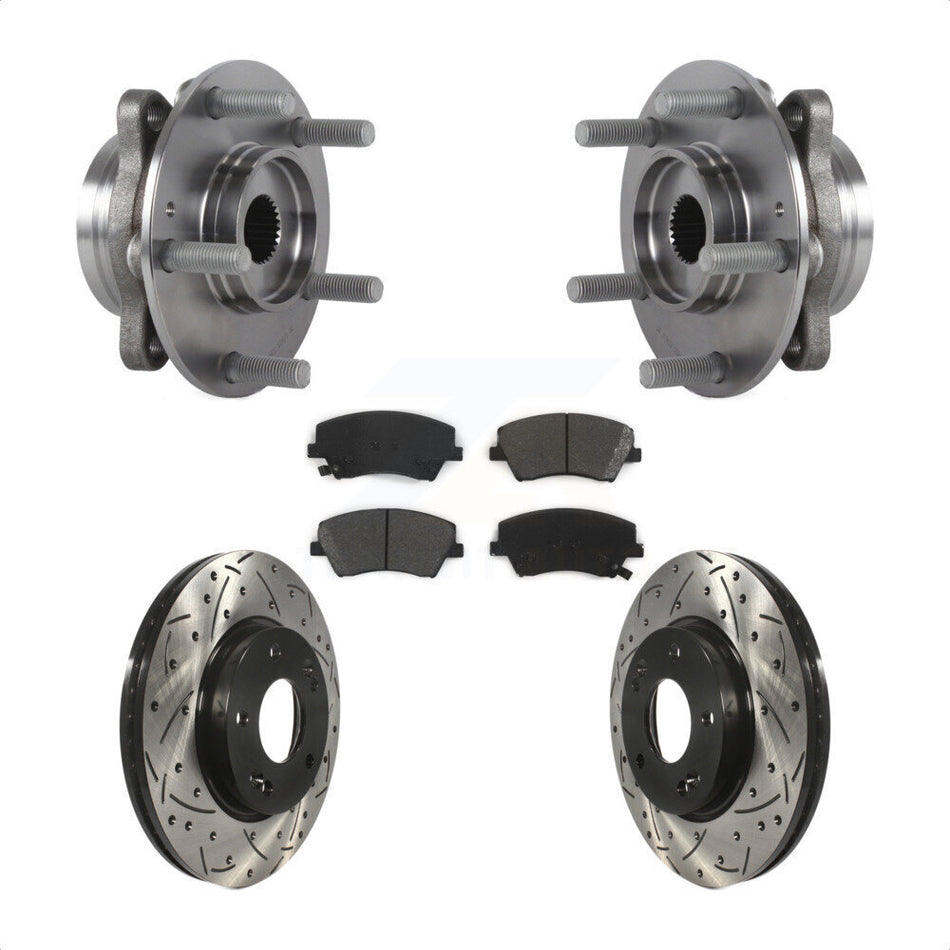 Front Hub Bearing Assembly With Coated Drilled Slotted Disc Brake Rotors And Semi-Metallic Pads Kit For Hyundai Elantra KBB-113617