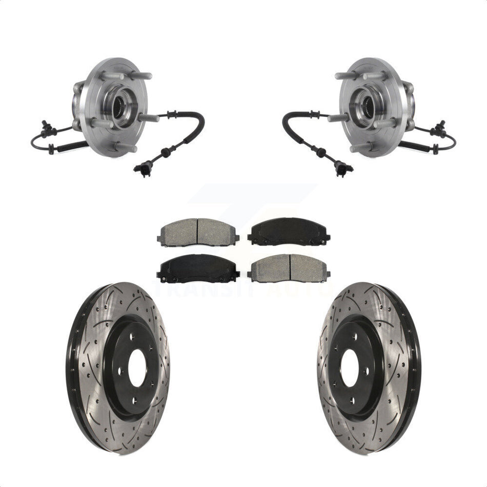 Front Hub Bearing Assembly With Coated Drilled Slotted Disc Brake Rotors And Semi-Metallic Pads Kit For Chrysler Pacifica Voyager Grand Caravan KBB-113619