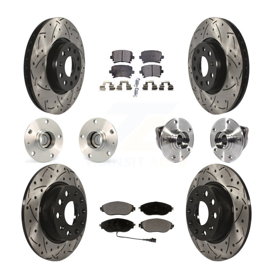 Front Rear Hub Bearings Assembly Coated Disc Brake Rotors And Ceramic Pads Kit (10Pc) For 2015 Volkswagen GTI With Performance Package KBB-113624
