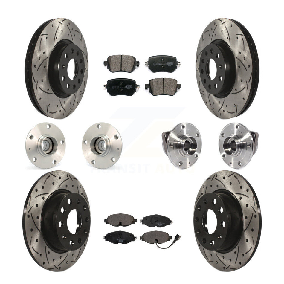 Front Rear Hub Bearings Assembly Coated Disc Brake Rotors And Ceramic Pads Kit (10Pc) For 2015-2018 Volkswagen GTI Without Performance Package KBB-113626