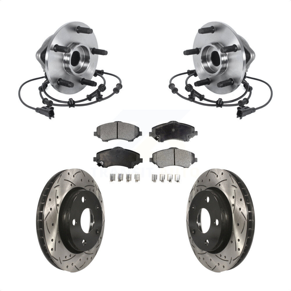 Front Hub Bearing Assembly Coated Drilled Slotted Brake Rotor & Pad Kit For Jeep Wrangler KBB-113670