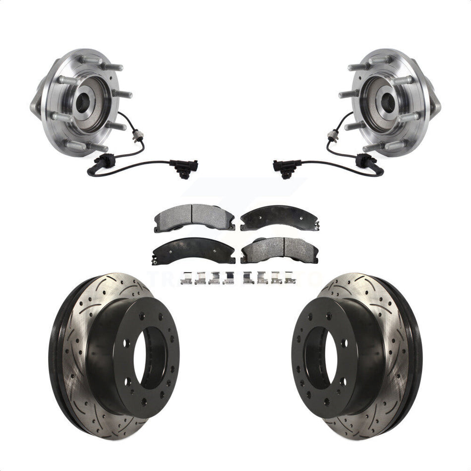 Front Hub Bearing Assembly With Coated Drilled Slotted Disc Brake Rotors And Ceramic Pads Kit For 2011-2019 Chevrolet Silverado 3500 HD GMC Sierra Dual Rear Wheels 4WD KBB-113685