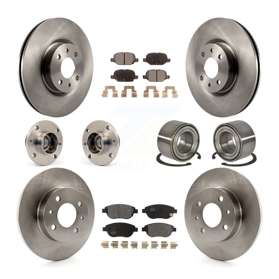 Front Rear Wheel Hub Bearings Assembly Disc Brake Rotors And Semi-Metallic Pads Kit (10Pc) For 2012-2013 Fiat 500 Hatchback with Turbocharged GAS engine KBB-114177