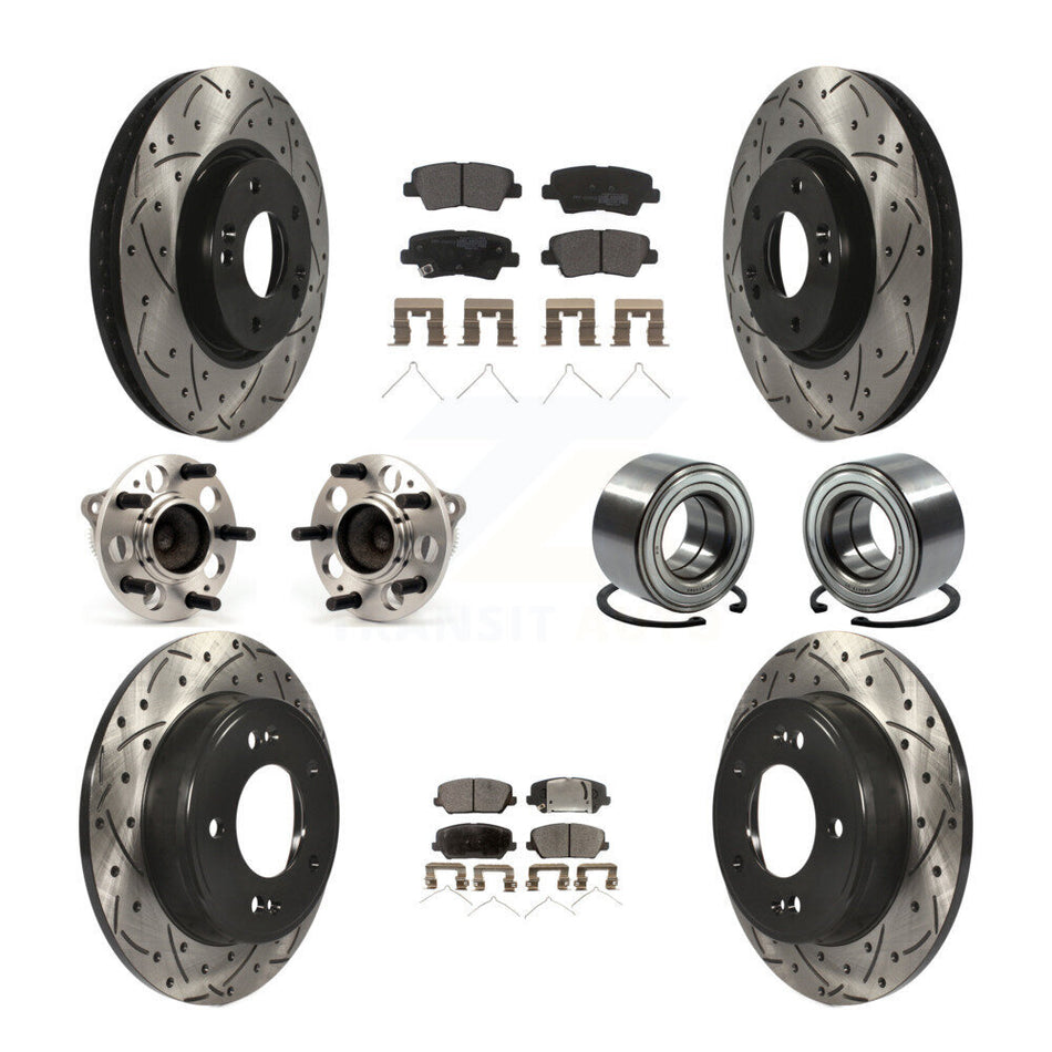 Front Rear Wheel Hub Bearings Assembly Coated Disc Brake Rotors And Semi-Metallic Pads Kit (10Pc) For Hyundai Veloster KBB-114223