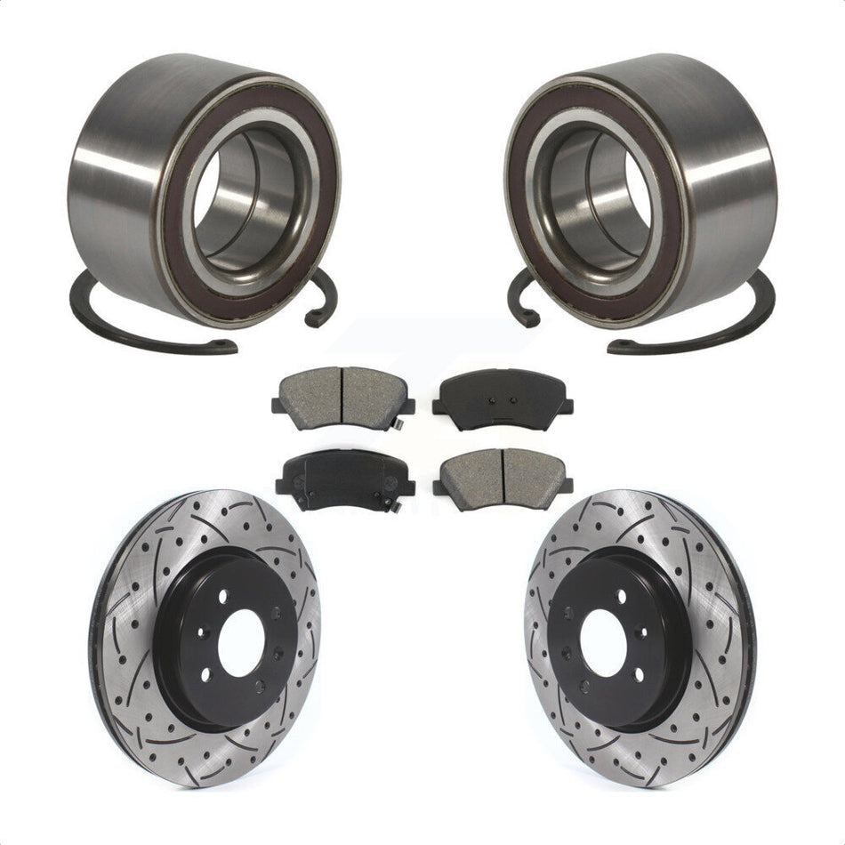 Front Wheel Bearing With Coated Drilled Slotted Disc Brake Rotors And Semi-Metallic Pads Kit For Kia Rio KBB-114254