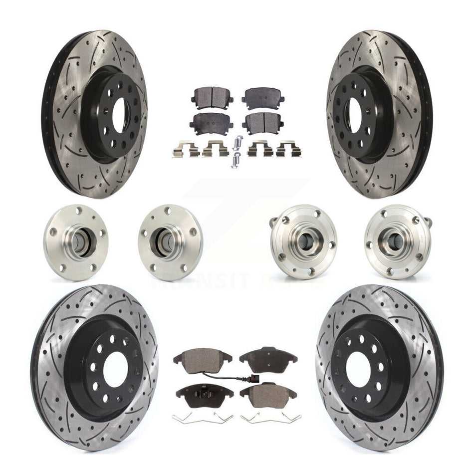 Front Rear Hub Bearings Assembly Coated Disc Brake Rotors And Semi-Metallic Pads Kit (10Pc) For 2009-2010 Volkswagen Passat CC FWD With 312mm Diameter Rotor KBB-114496