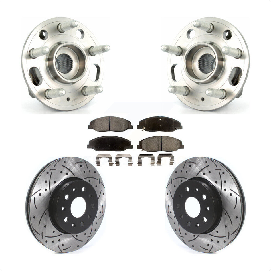 Front Hub Bearing Assembly With Coated Drilled Slotted Disc Brake Rotors And Semi-Metallic Pads Kit For Cadillac CTS Without Heavy Duty Brakes KBB-114526