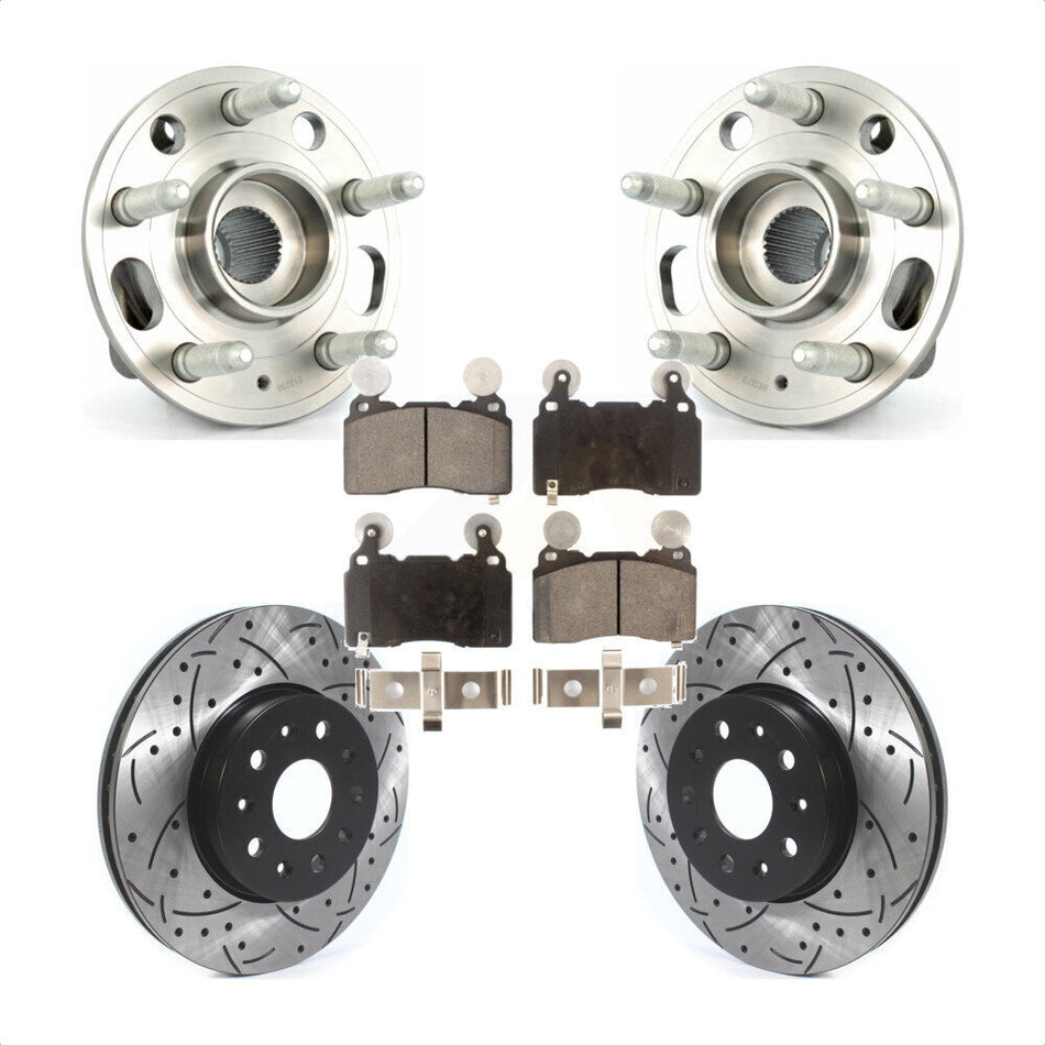 Front Hub Bearing Assembly Coated Drilled Slotted Brake Rotor & Pads Kit For Cadillac CTS KBB-114527