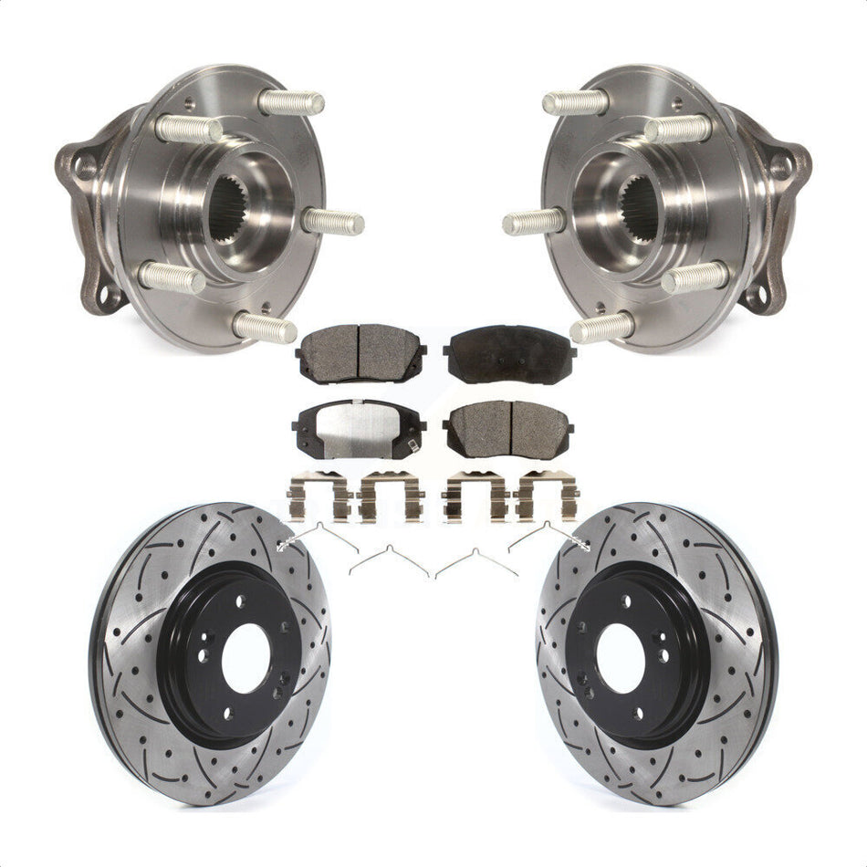 Front Hub Bearing Assembly With Coated Drilled Slotted Disc Brake Rotors And Semi-Metallic Pads Kit For Hyundai Sonata Kia Optima KBB-114529