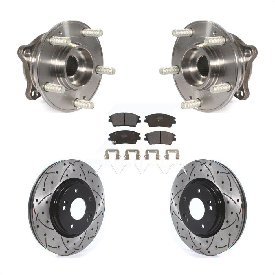 Front Hub Bearing Assembly With Coated Drilled Slotted Disc Brake Rotors And Semi-Metallic Pads Kit For Hyundai Tucson Kia Sportage KBB-114530
