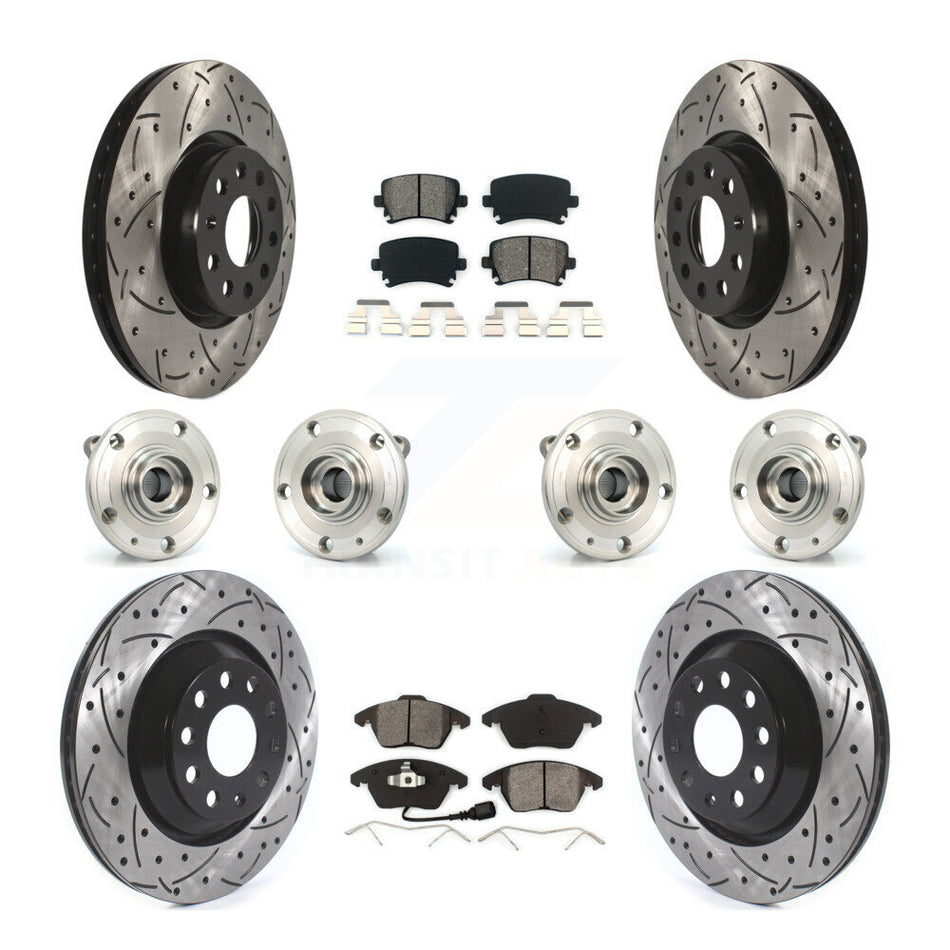 Front Rear Hub Bearings Assembly Coated Disc Brake Rotors And Semi-Metallic Pads Kit (10Pc) For 2009-2010 Volkswagen Passat CC AWD With 312mm Diameter Rotor KBB-114544