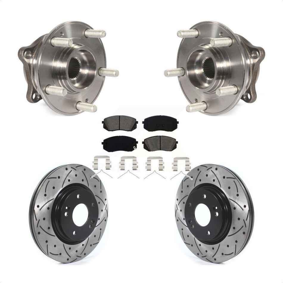 Front Hub Bearing Assembly With Coated Drilled Slotted Disc Brake Rotors And Semi-Metallic Pads Kit For Hyundai Sonata Kia Optima KBB-114556