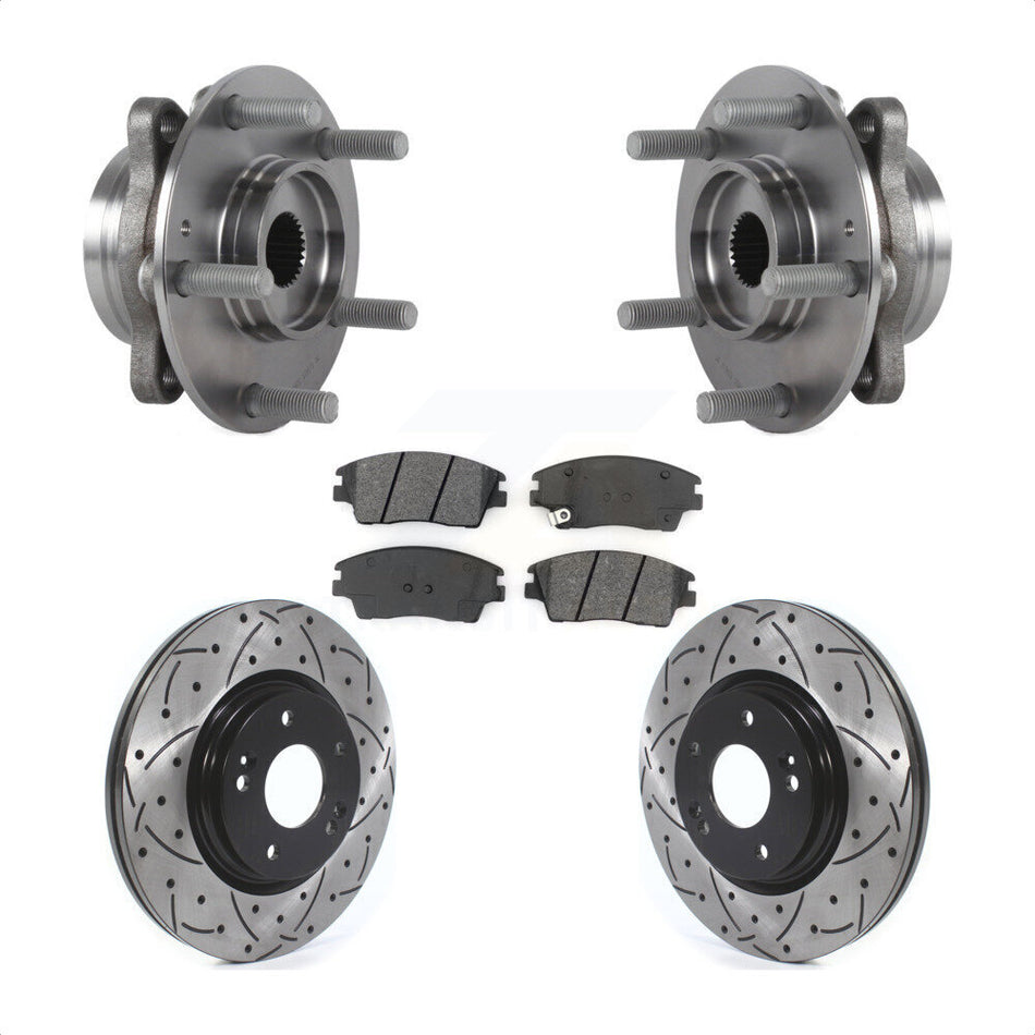 Front Hub Bearing Assembly With Coated Drilled Slotted Disc Brake Rotors And Semi-Metallic Pads Kit For 2017-2020 Hyundai Elantra 1.6L KBB-114560
