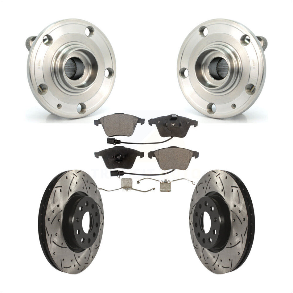 Front Hub Bearing Assembly With Coated Drilled Slotted Disc Brake Rotors And Ceramic Pads Kit For Volkswagen CC Passat KBB-114581
