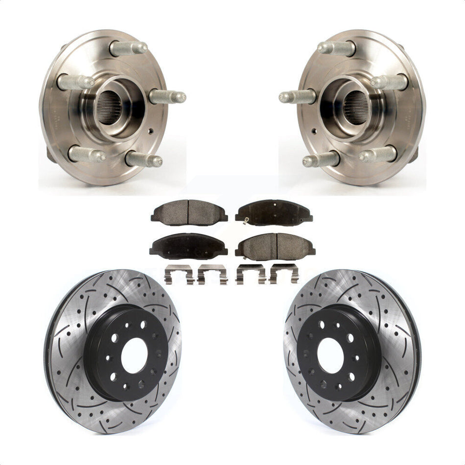 Front Hub Bearing Assembly With Coated Drilled Slotted Disc Brake Rotors And Ceramic Pads Kit For Cadillac CTS Without Heavy Duty Brakes KBB-114587