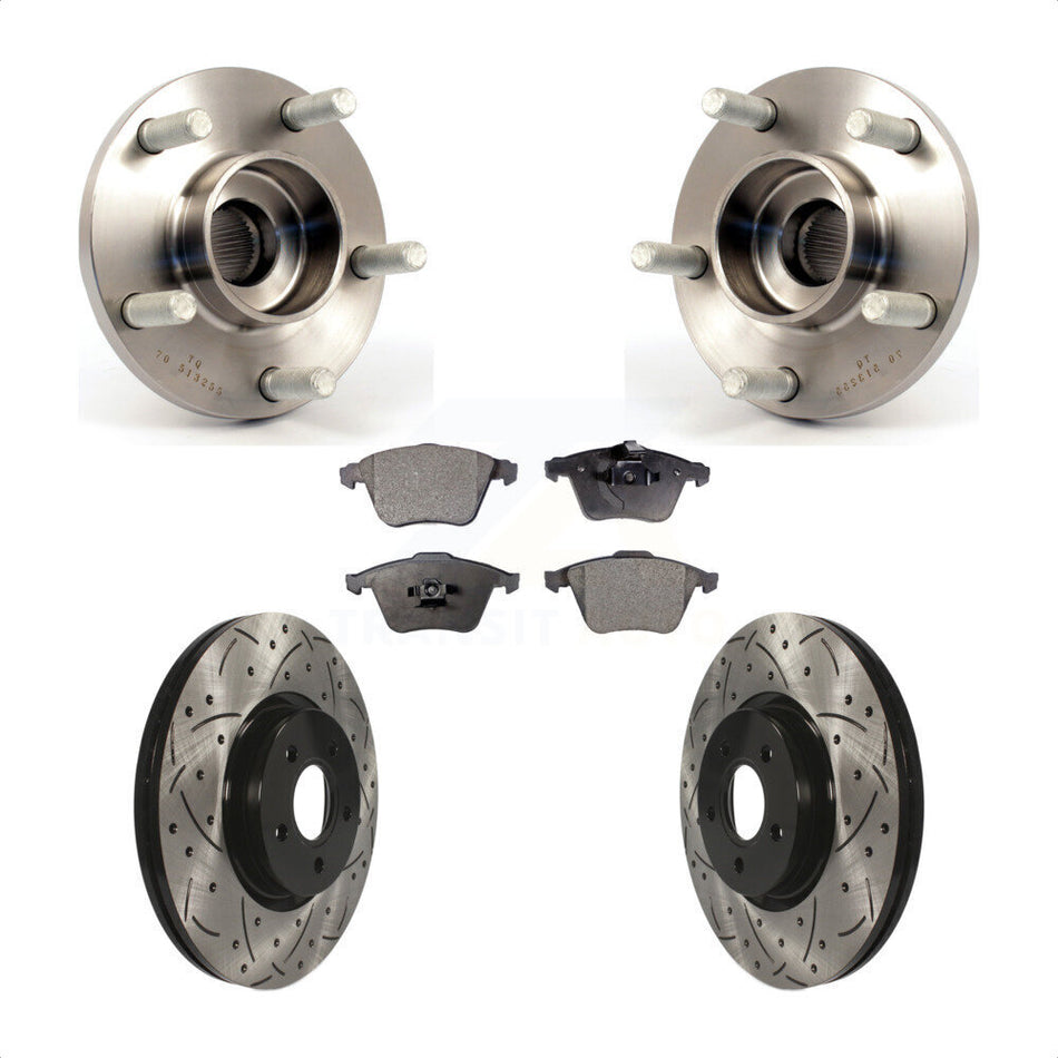Front Hub Bearing Assembly With Coated Drilled Slotted Disc Brake Rotors And Semi-Metallic Pads Kit For Volvo S40 C70 V50 320mm Diameter Rotor KBB-114932