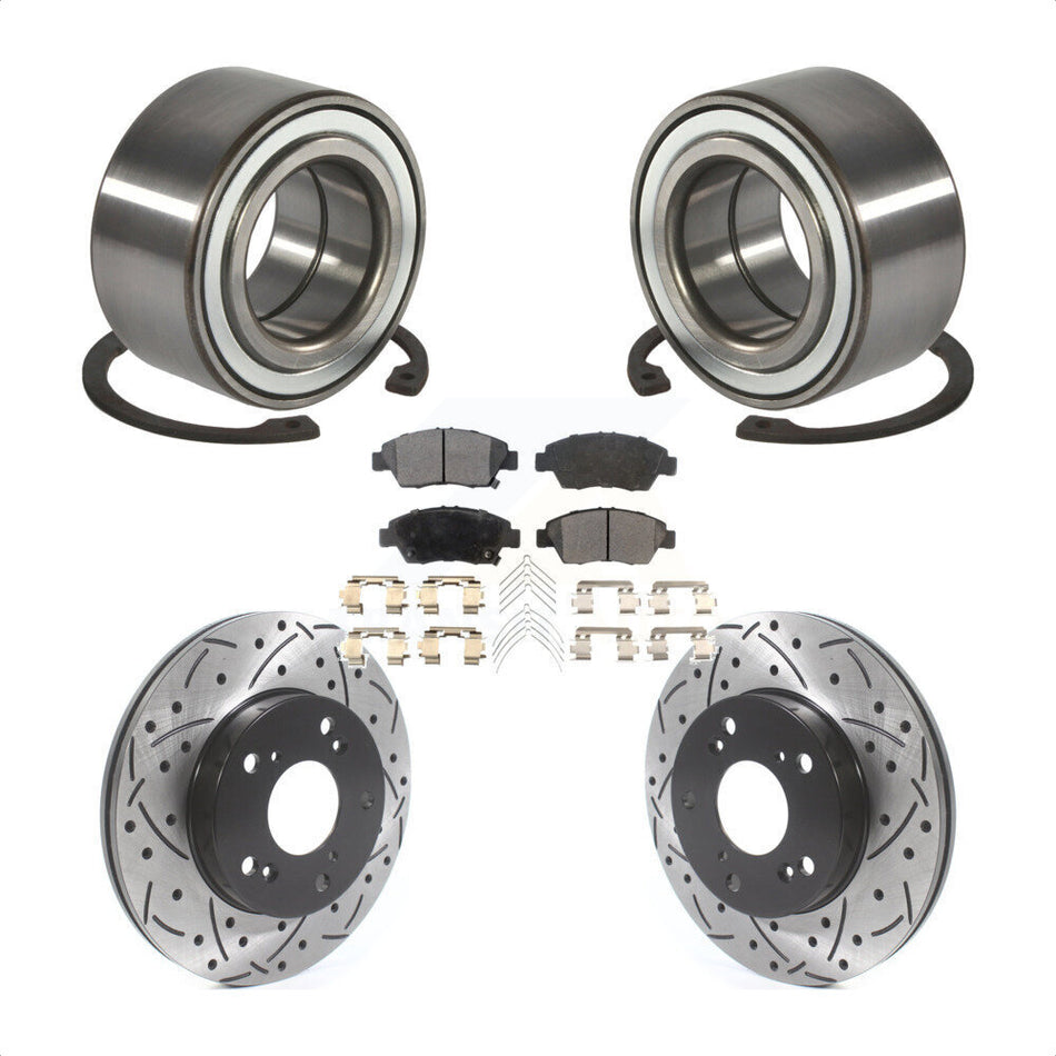 Front Wheel Bearing With Coated Drilled Slotted Disc Brake Rotors And Semi-Metallic Pads Kit For 2004 Honda Civic SiR KBB-115484