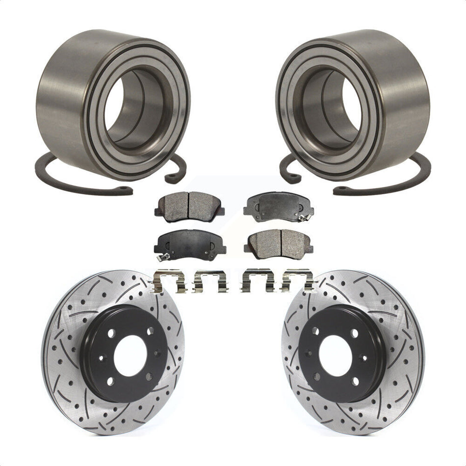 Front Wheel Bearing With Coated Drilled Slotted Disc Brake Rotors And Semi-Metallic Pads Kit For 2012-2017 Hyundai Accent KBB-115490
