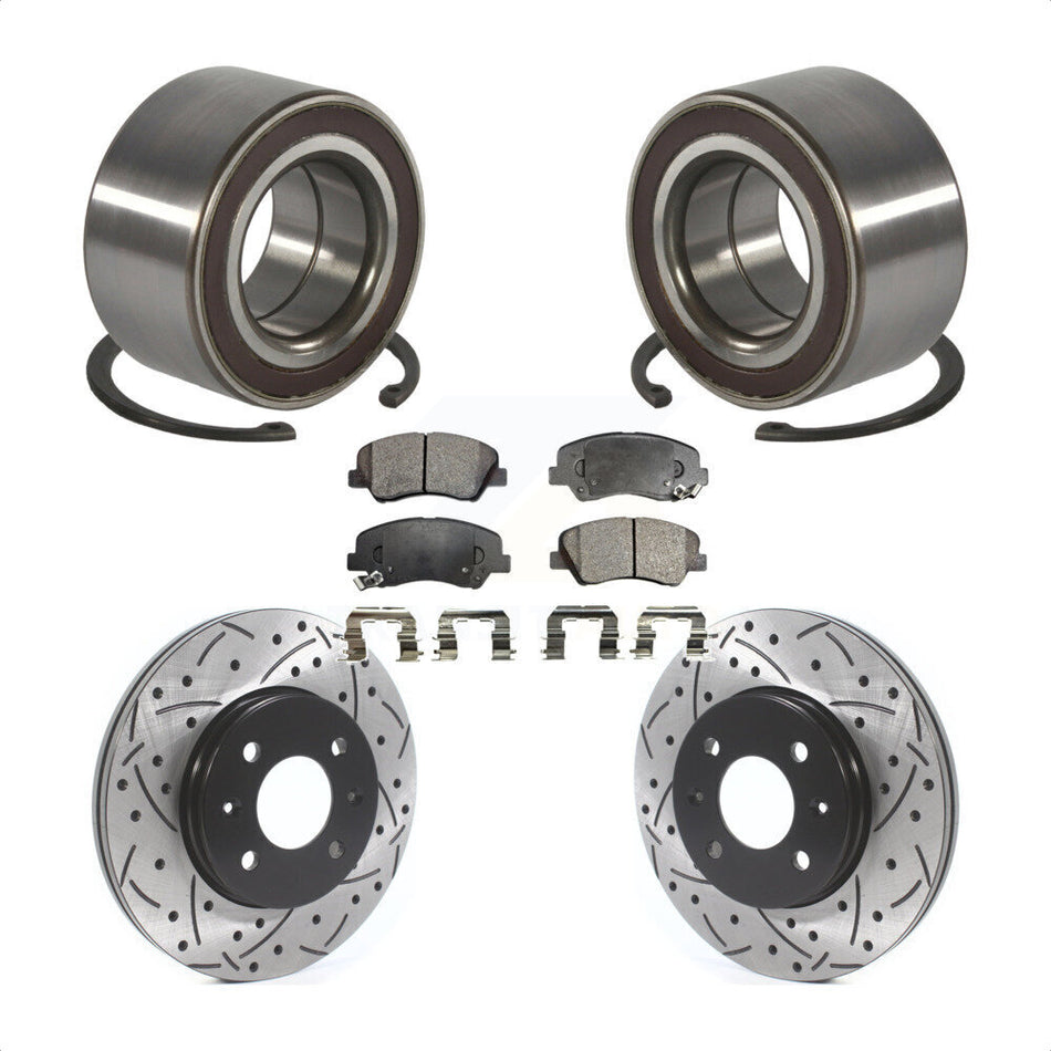 Front Wheel Bearing With Coated Drilled Slotted Disc Brake Rotors And Semi-Metallic Pads Kit For Kia Rio KBB-115512