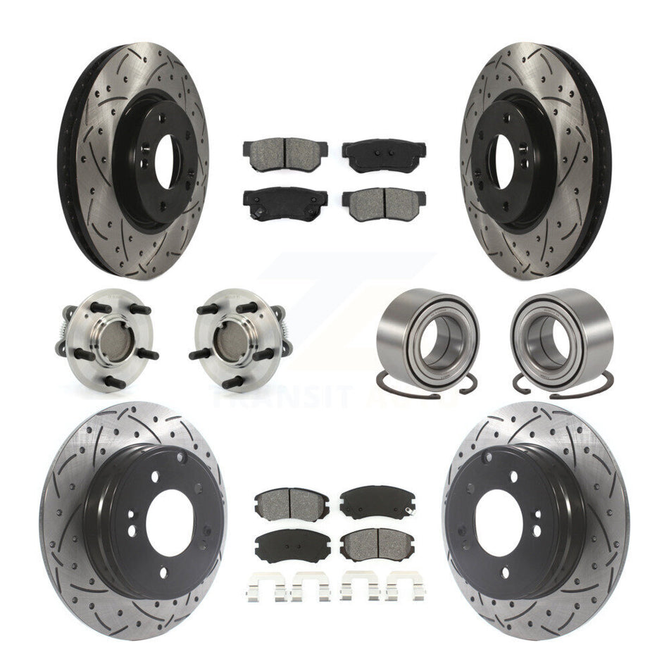 Front Rear Wheel Hub Bearings Assembly Coated Disc Brake Rotors And Semi-Metallic Pads Kit (10Pc) For Hyundai Sonata 3.3L KBB-115526