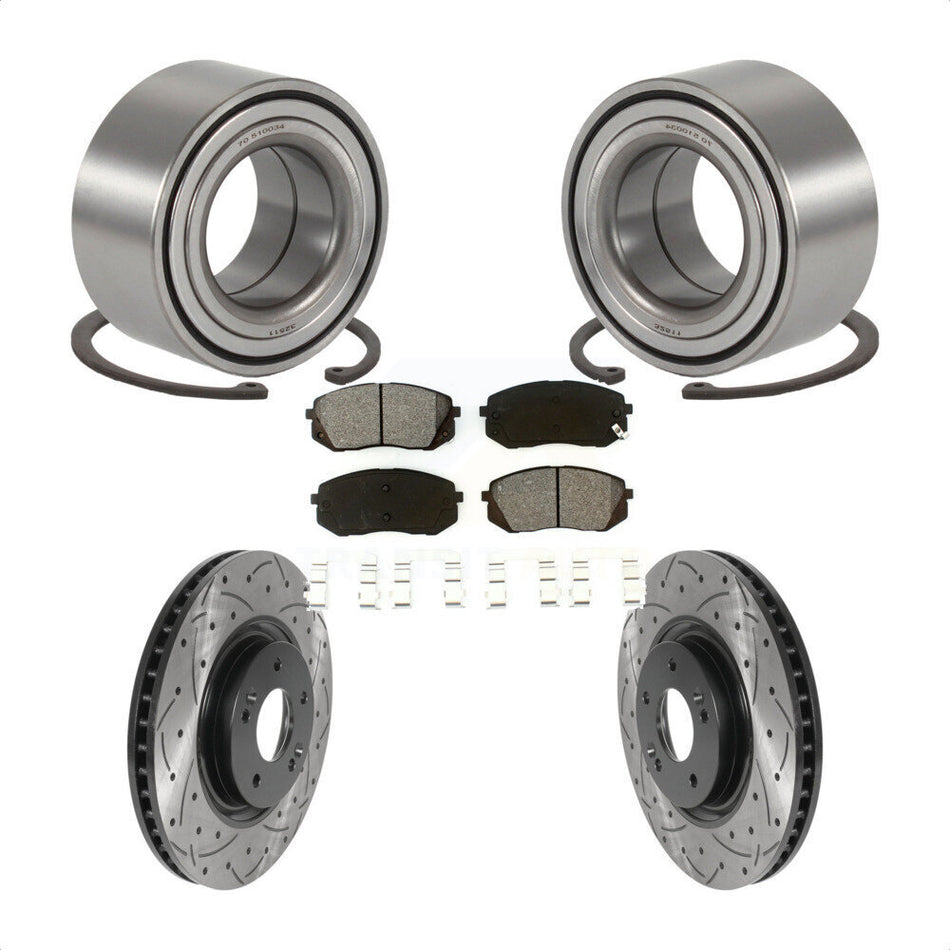 Front Wheel Bearing With Coated Drilled Slotted Disc Brake Rotors And Semi-Metallic Pads Kit For 2014 Kia Cadenza To 05 19 2013 KBB-115562