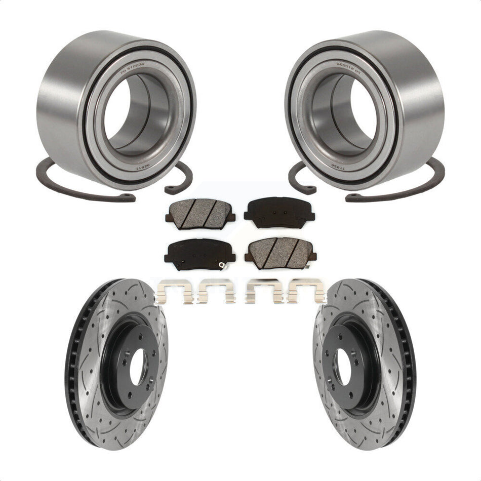 Front Wheel Bearing With Coated Drilled Slotted Disc Brake Rotors And Semi-Metallic Pads Kit For 2012-2017 Hyundai Azera KBB-115564
