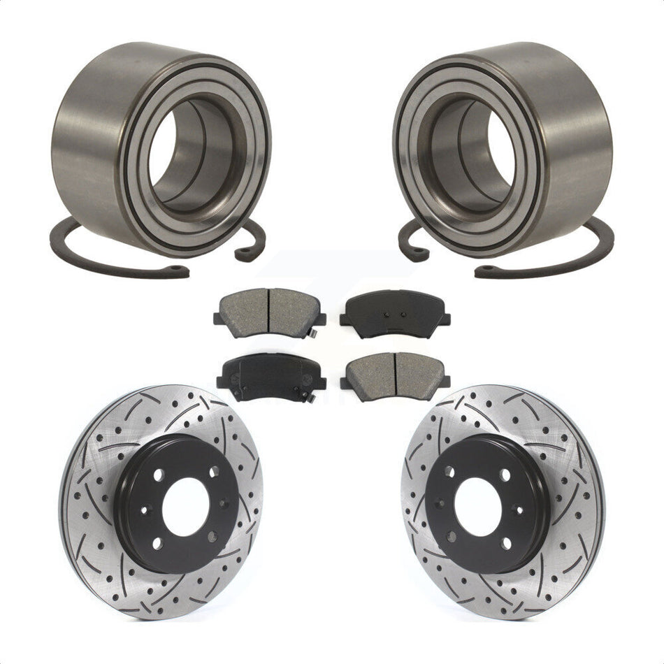 Front Wheel Bearing With Coated Drilled Slotted Disc Brake Rotors And Semi-Metallic Pads Kit For 2012-2017 Hyundai Accent KBB-115567