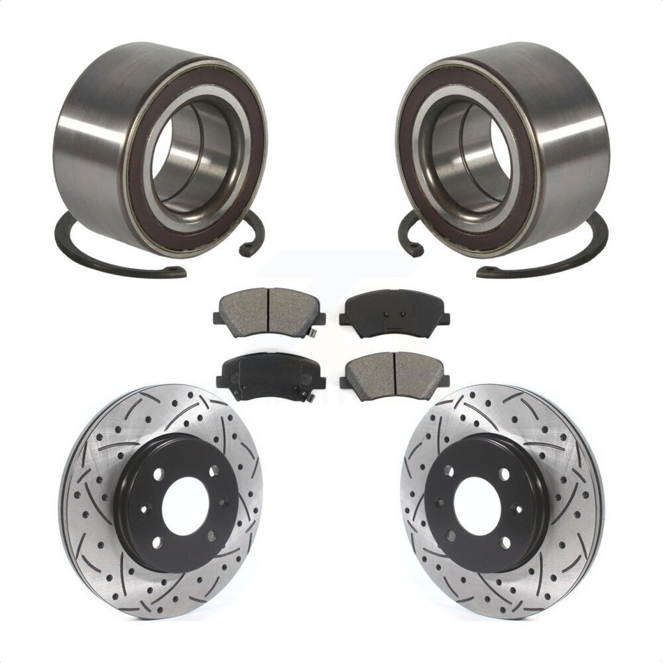 Front Wheel Bearing With Coated Drilled Slotted Disc Brake Rotors And Semi-Metallic Pads Kit For Kia Rio KBB-115586