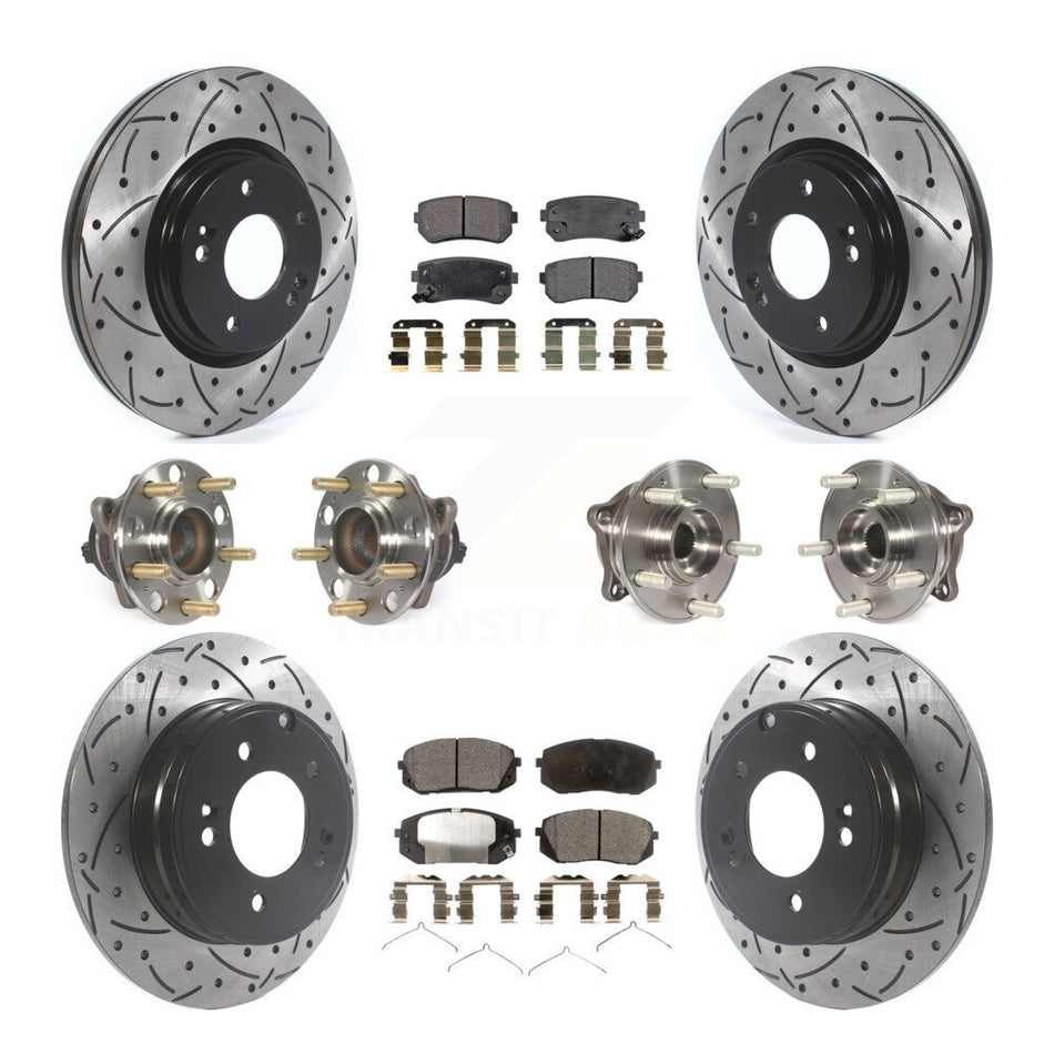 Front Rear Hub Bearings Assembly Coated Disc Brake Rotors And Semi-Metallic Pads Kit (10Pc) For 2015-2016 Hyundai Sonata GAS engine With Manual Parking KBB-115750