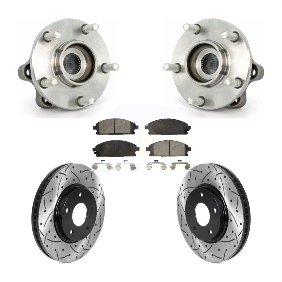 Front Hub Bearing Assembly With Coated Drilled Slotted Disc Brake Rotors And Semi-Metallic Pads Kit For 2004-2009 Nissan Quest KBB-115794