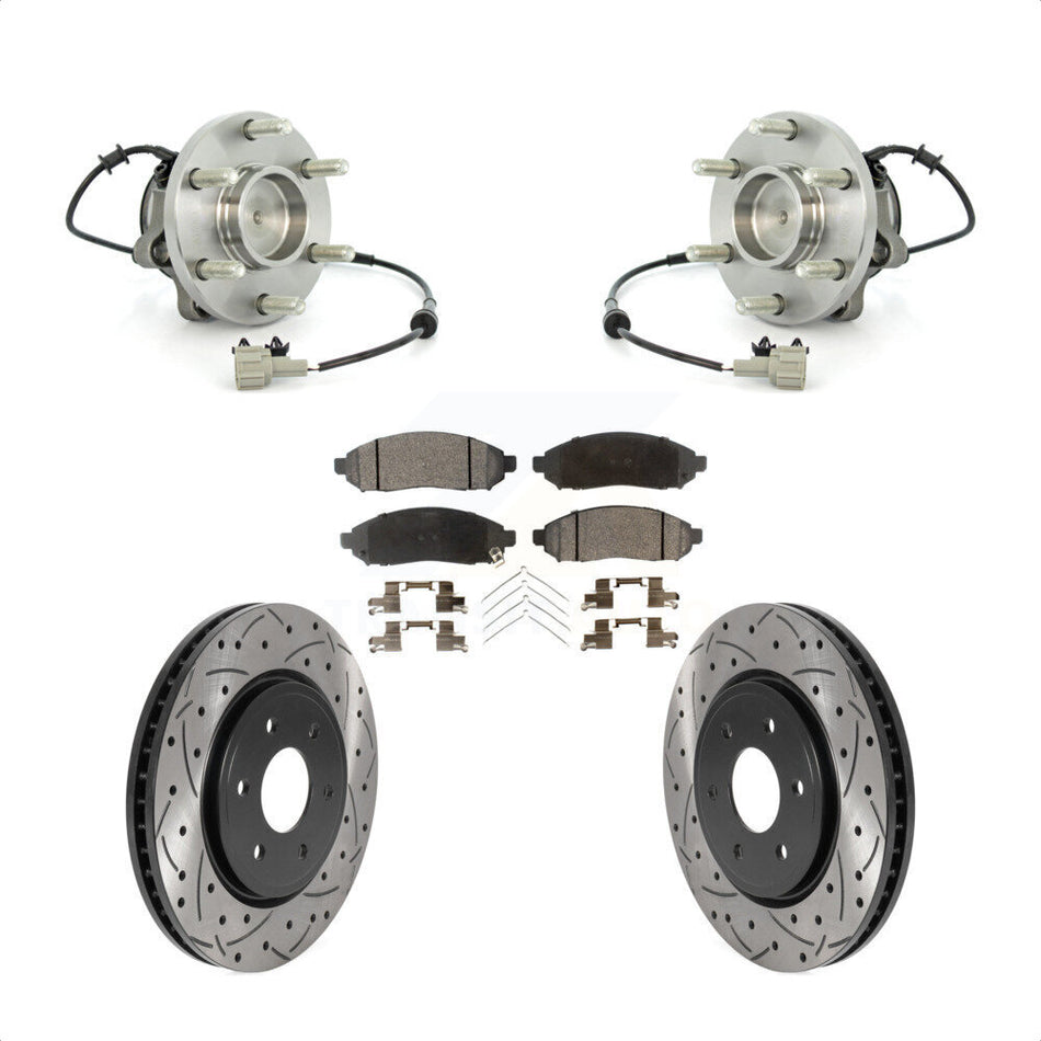 Front Hub Bearing Assembly With Coated Drilled Slotted Disc Brake Rotors And Semi-Metallic Pads Kit For Nissan Frontier Pathfinder Xterra Suzuki Equator KBB-115806