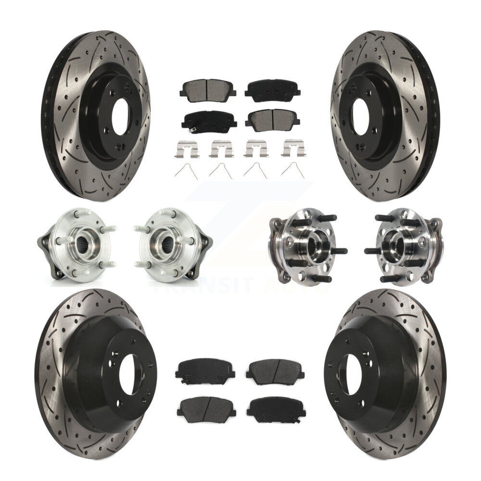 Front Rear Hub Bearings Assembly Coated Disc Brake Rotors And Semi-Metallic Pads Kit (10Pc) For 2017-2018 Hyundai Santa Fe Sport AWD KBB-115876