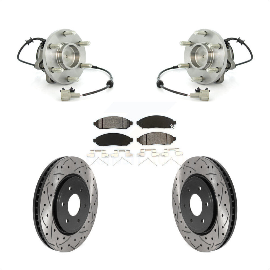 Front Hub Bearing Assembly With Coated Drilled Slotted Disc Brake Rotors And Semi-Metallic Pads Kit For Nissan Frontier Pathfinder Xterra Suzuki Equator KBB-115918