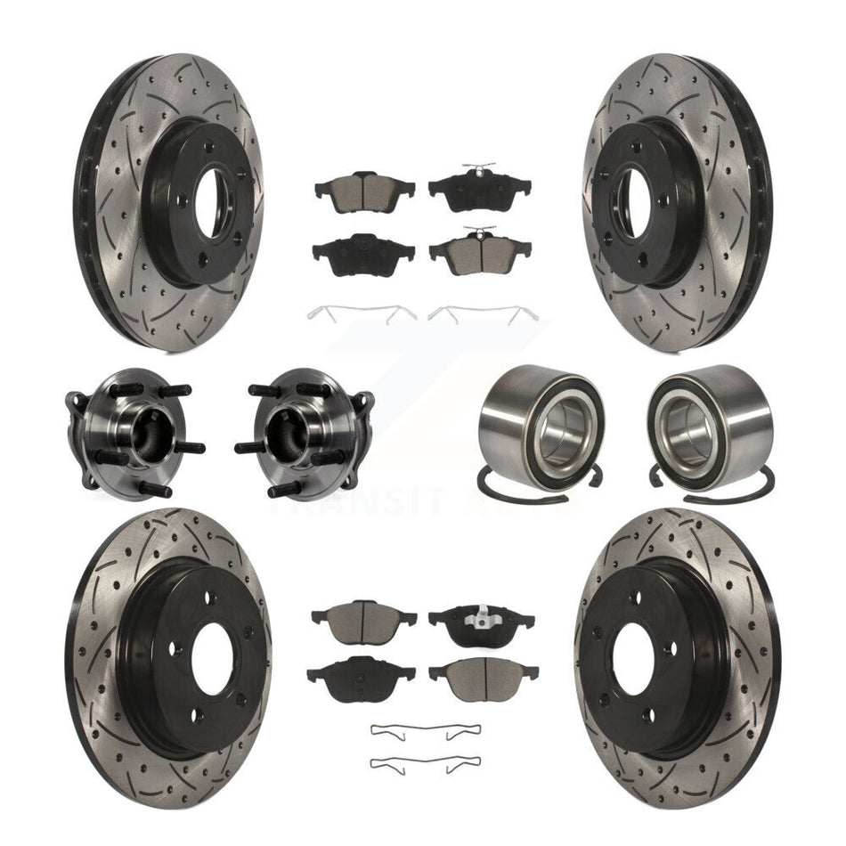 Front Rear Wheel Hub Bearings Assembly Coated Disc Brake Rotors And Ceramic Pads Kit (10Pc) For Ford Focus Without Active Park Assist KBB-117486